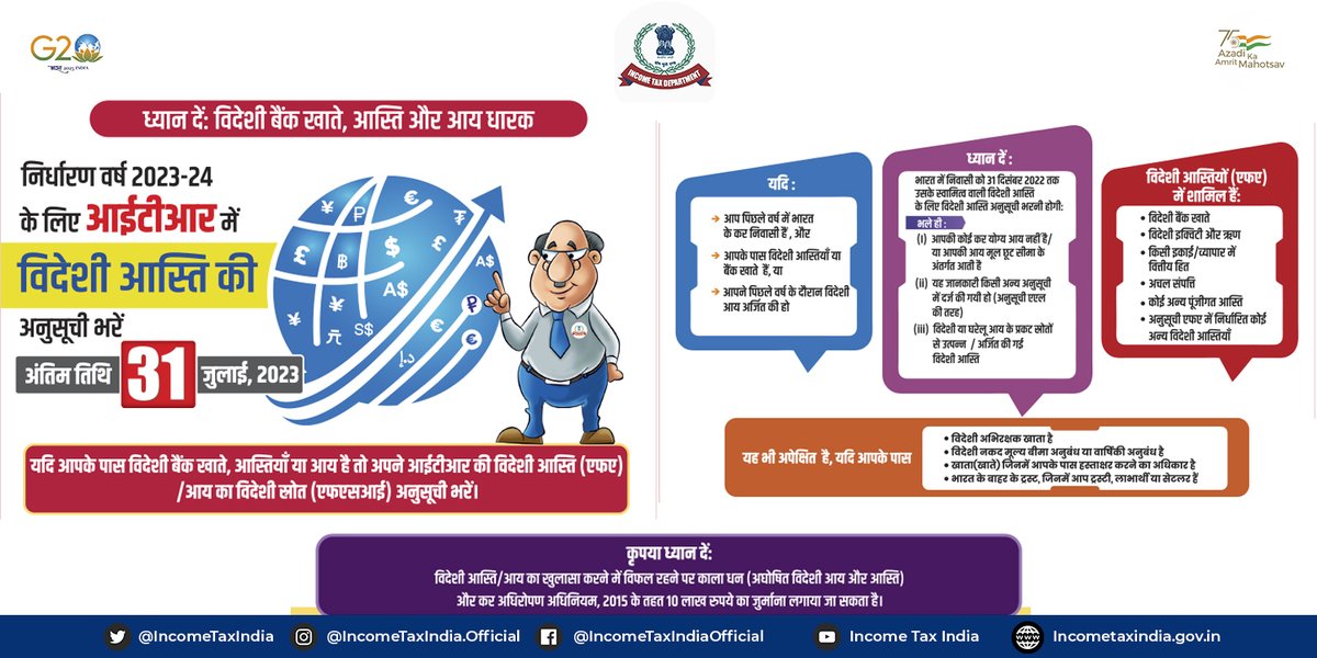 IncomeTaxIndia's tweet photo. कृपया ध्यान दें: विदेशी बैंक खाते, संपत्ति और आय धारक!

यदि आपके पास विदेशी बैंक खाते, संपत्ति या आय है तो कृपया निर्धारण वर्ष 2023-24 के लिए आयकर रिटर्न (आईटीआर) में विदेशी संपत्ति (एफए)/आय के विदेशी स्रोत (एफएसआई) अनुसूची भरें। 

निर्धारण वर्ष 2023-24 के लिए आयकर रिटर्न दाखिल करने की अंतिम तिथि : 31 जुलाई, 2023
#FileNow
#ITD