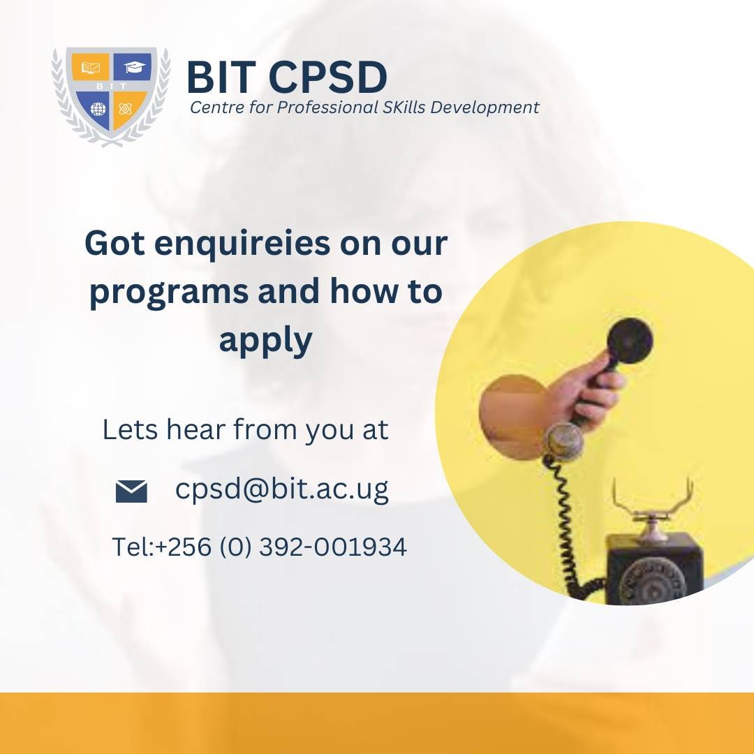 bit_cpsd's tweet image. Let&apos;s hear about your enquiries. Call us on +256 (0) 392-0001934 or send us an email cpsd@bit.ac.ug 
#BITCPSD 
#careerdevelopment 
#skillsforyou 
#studyonline