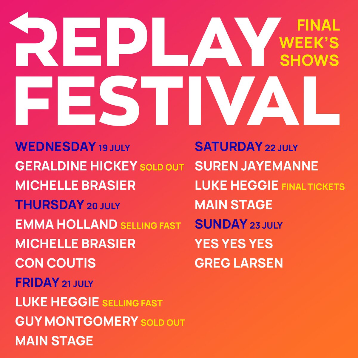It's the FINAL week of Replay Festival! Don't miss your chance to relive the highlight shows from @michellebrasier @lukeheggie @JayEManne @gregmlarsen @ConCoutis, Emma Holland and more 🤩 Get tickets now at comedyrepublic.com.au