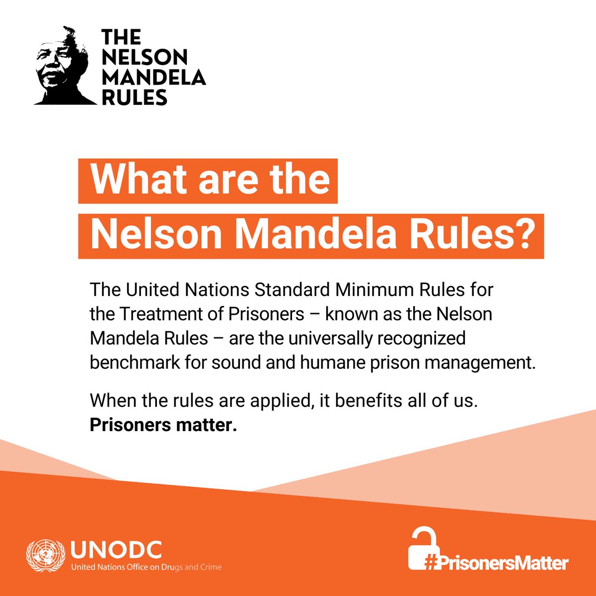 Today is #NelsonMandela International Day.

Join the United Nations Office on Drugs and Crime in sharing why #PrisonersMatter and in calling for the universal practical application of the UN Standard Minimum Rules for the Treatment of Prisoners – the Nelson #MandelaRules.