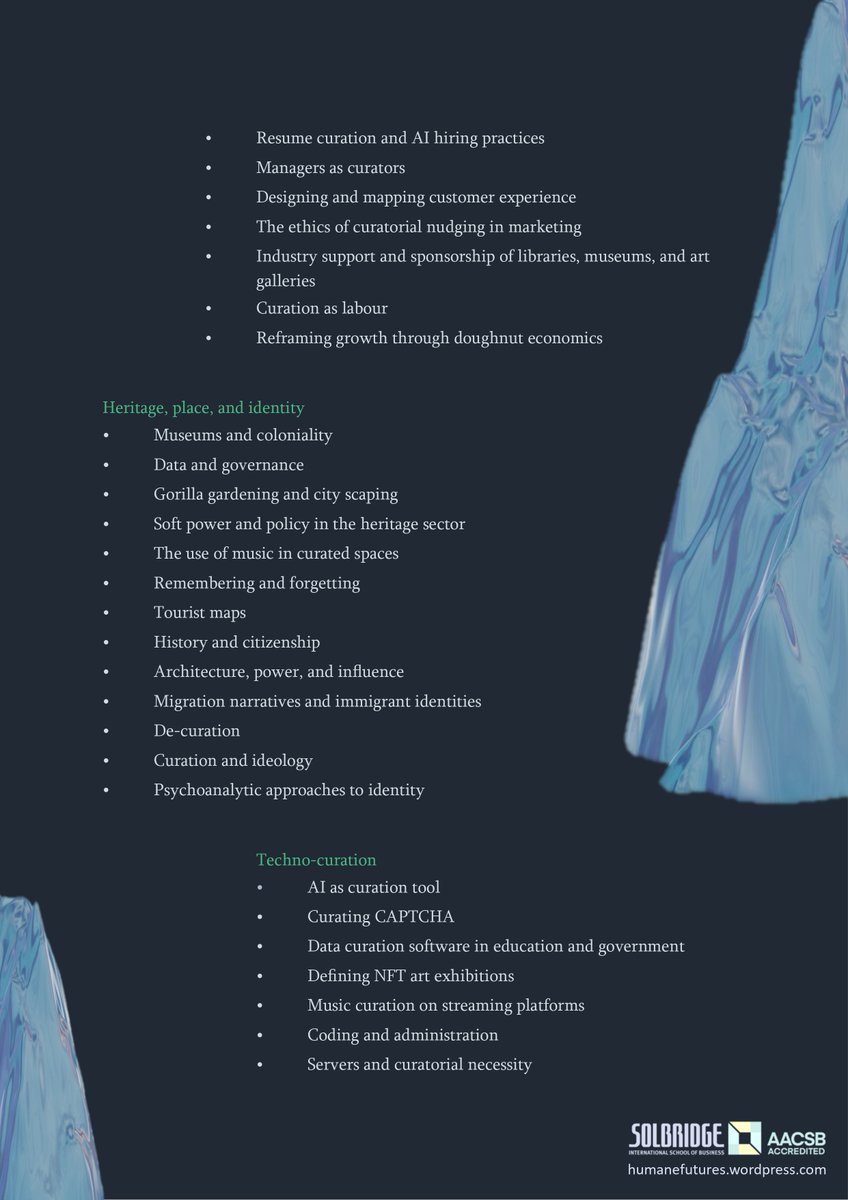 SolBridge_LATS's tweet photo. Delighted to issue CFP for *#HumaneFutures: #Curating Self, Industry, and Society* taking place 15 December 2023. We welcome papers from various disciplines. For consideration send a 200-word abstract and short bio to humanefutures@gmail.com by 1 September. #SolBridge #symposium https://t.co/stiHmI8Ddb