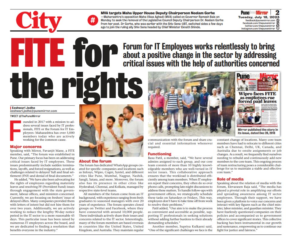 Forum For IT Employees - FITE (@fitemaharashtra) on Twitter photo Thanks PuneMirror.in <a href="/eeshwari_jedhe/">Eeshwari Amar Jedhe</a> 🙏for covering work of #FITE Forum as part of citizen forum groups in Pune( Maharashtra) 👍👍
#ITForum #ITsector #ITnews #TeamFite #ITemployees
facebook.com/groups/1450065… 👈 join Fite .
<a href="/FiteIndia/">FITE India - Forum For IT Employees India</a> <a href="/FiteTelangana/">Forum For IT Employees ( Fite Telangana)</a> <a href="/FiteKolkata/">FITE Kolkata</a> Thanks PuneMirror.in <a href="/eeshwari_jedhe/">Eeshwari Amar Jedhe</a> 🙏for covering work of #FITE Forum as part of citizen forum groups in Pune( Maharashtra) 👍👍
#ITForum #ITsector #ITnews #TeamFite #ITemployees
facebook.com/groups/1450065… 👈 join Fite .
<a href="/FiteIndia/">FITE India - Forum For IT Employees India</a> <a href="/FiteTelangana/">Forum For IT Employees ( Fite Telangana)</a> <a href="/FiteKolkata/">FITE Kolkata</a>