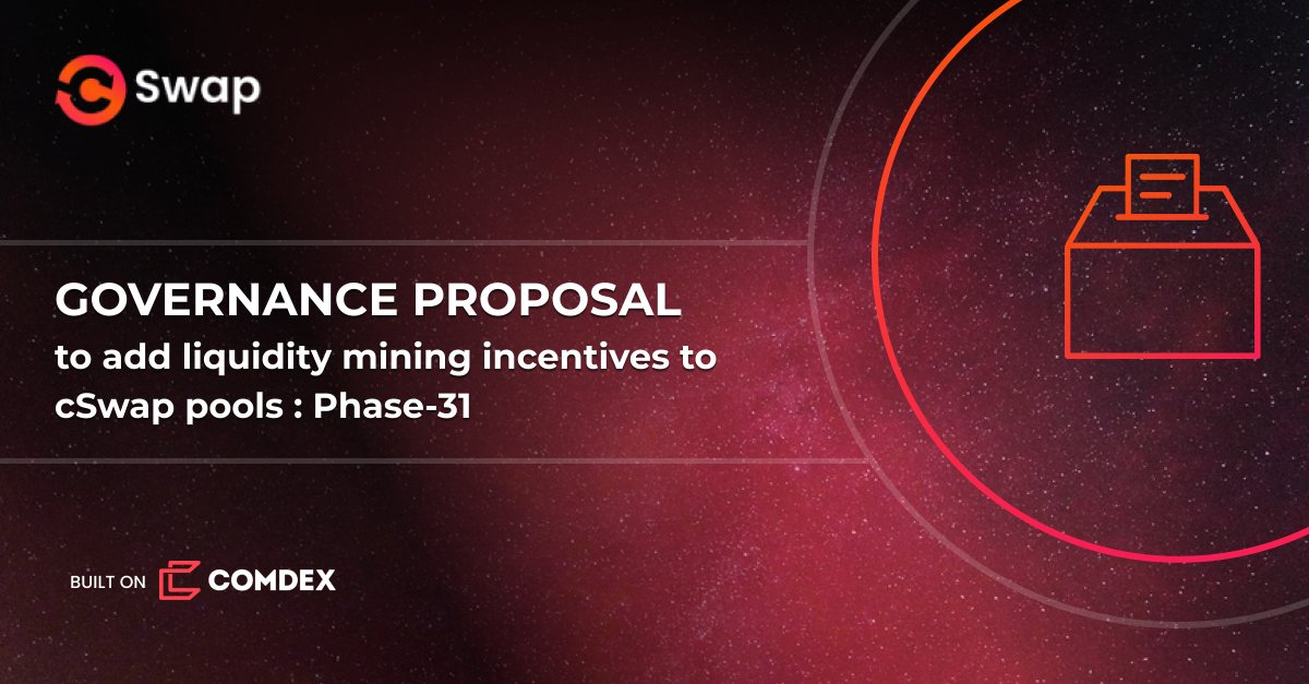 ⚖️Governance Time!

Proposal #170 - to add liquidity mining incentives to cSwap pools: phase-31 is LIVE for voting.

This will add liquidity incentives by allocating 68,750 CMDX - to be distributed as per the model for liquidity rewards.

Read more here👇
bit.ly/3K2Esjk