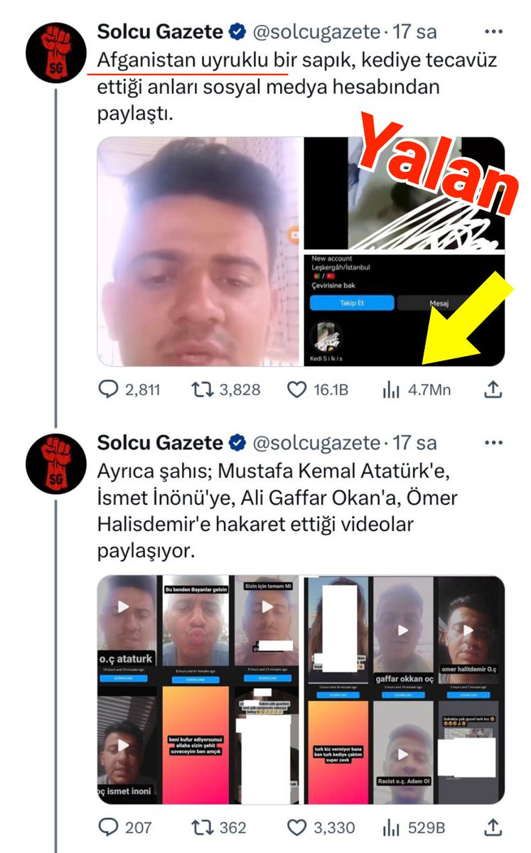 Solcu Gazete'nin "Afganistan uyruklu bir sapık, kediye tecavüz etti, Atatürk'e küfür etti" diye servis ettiği ve 4.7 Milyon insanın görüp paylaştığı paylaşımda ki şahsın, Afganistanli olmadığı, Osmaniye Nüfusuna kayıtlı Mehmet B. olduğu, %50 zihinsel engelli olduğu ve