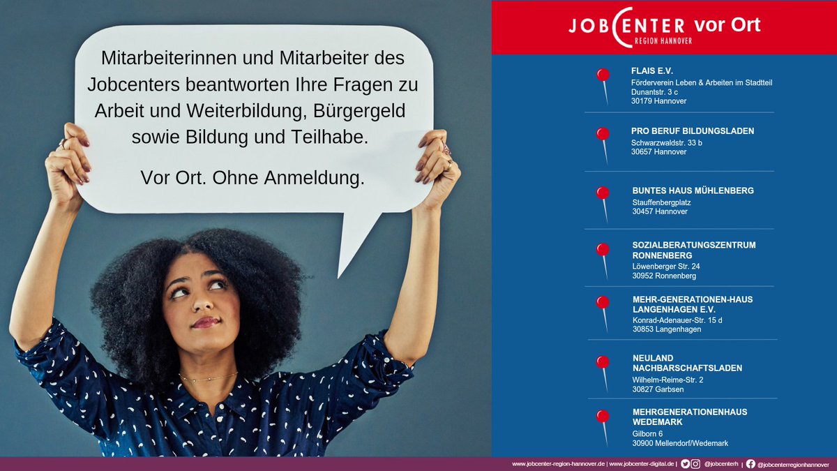 Alle Termine und Sprechzeiten unter jobcenter-region-hannover.de/arbeit-und-aus… #JobcenterRegionHannover #Hannover #Beratung #Bürgergeld