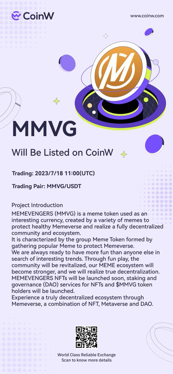 memevengers1963's tweet image. 💜$MMVG on @CoinWOfficial💜

🩷 Deposit time: July. 17 11:00 (UTC)
💙Trading time: July. 18  11:00 (UTC)
💚Withdraw time: July. 19 11:00 (UTC)

$MMVG #CEX #Crypto #listing #memecoin #altseason