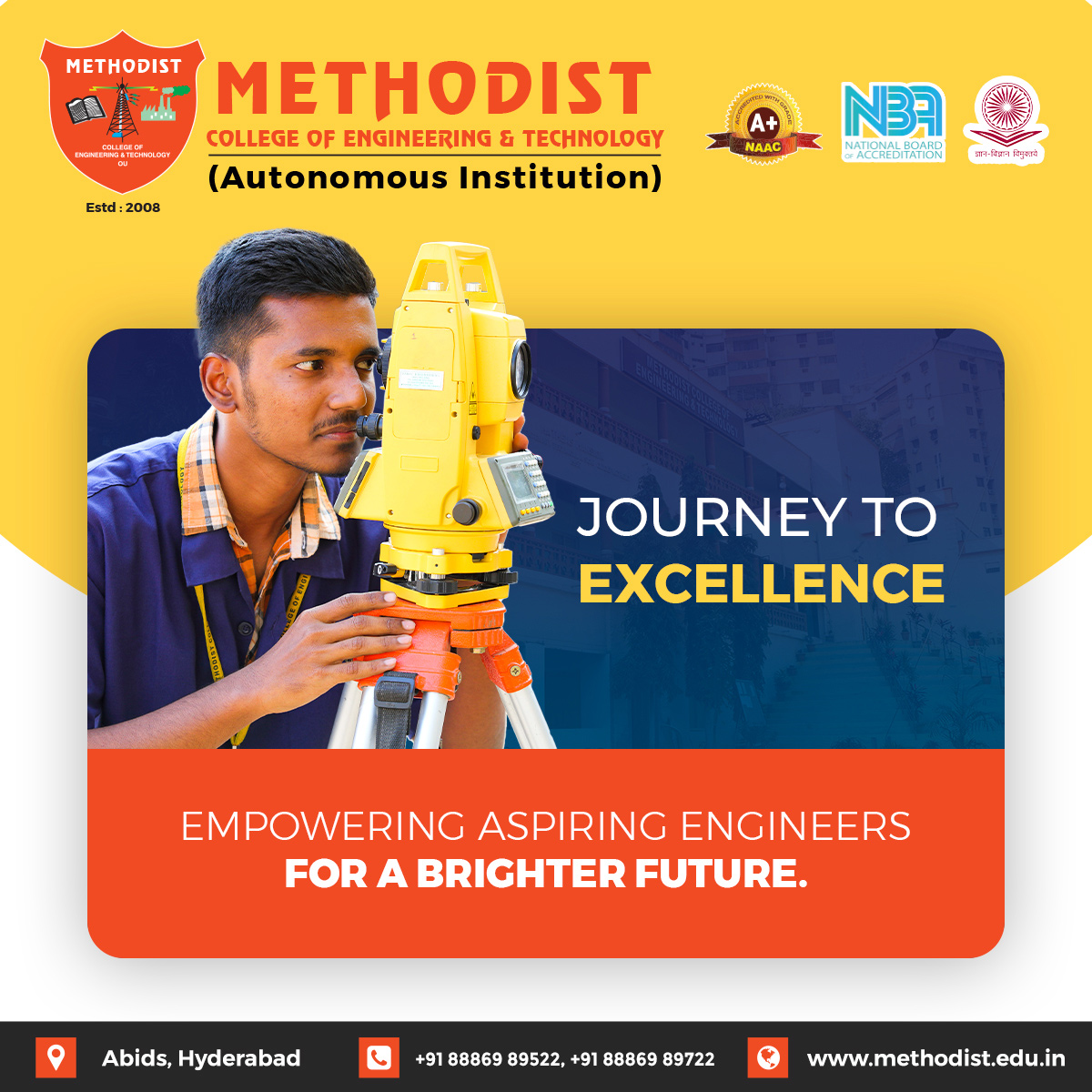 MCETHyderabad's tweet photo. Embark on a Journey to Excellence! At #MethodistCollegeOfEngineering, we are dedicated to empowering aspiring #Engineers for a brighter future. Our institution is more than just a place of education; it's a launchpad for success.
#MCET #Innovation #LearningSkills #InnovativeIdeas https://t.co/bPLH6rkLJY