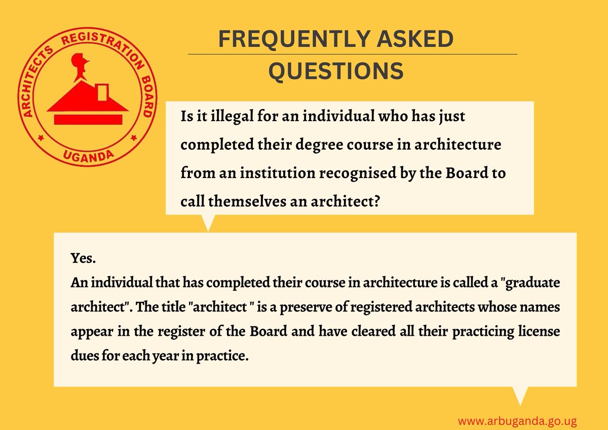 Graduate architects are required by law to first gain experience through internship under the mentor-ship of already registered architects in addition to sitting and passing their professional exam set by the Board.
#ARBUganda
<a href="/UgArchSociety/">Uganda Society of Architects</a>  <a href="/besa_FoBE/">BESA - Built Environment Students Association 🌳</a>  <a href="/ministry_lands/">Ministry of Lands,Housing and Urban Development</a>