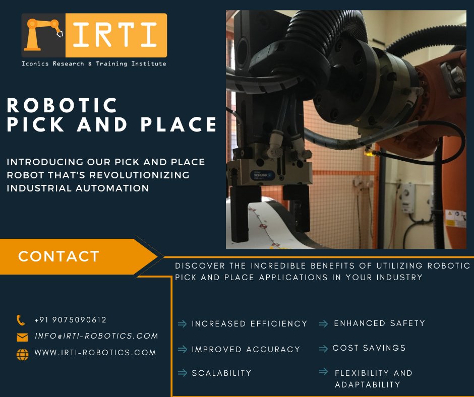 IrtiRobotics's tweet image. IRTI Robotics Training, Pick And Place Machine Manufacturers in Pune #robotics #automationbenefits #efficiency #precisionengineering #pickandplace  
 Get in contact for more information! 
📷 +91 9075090612 
📷irti-robotics.com