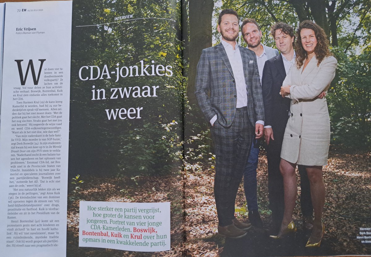 Met deze vier jonge mensen in de kopgroep zou <a href="/cdavandaag/">CDA</a> bij de verkiezingen wel eens hoge ogen kunnen gooien.
<a href="/DerkBoswijk/">Derk Boswijk</a> <a href="/HenriBontenbal/">Henri Bontenbal</a> <a href="/AnneKuik/">Anne Kuik</a> <a href="/HarmenKrul/">Harmen Krul</a>