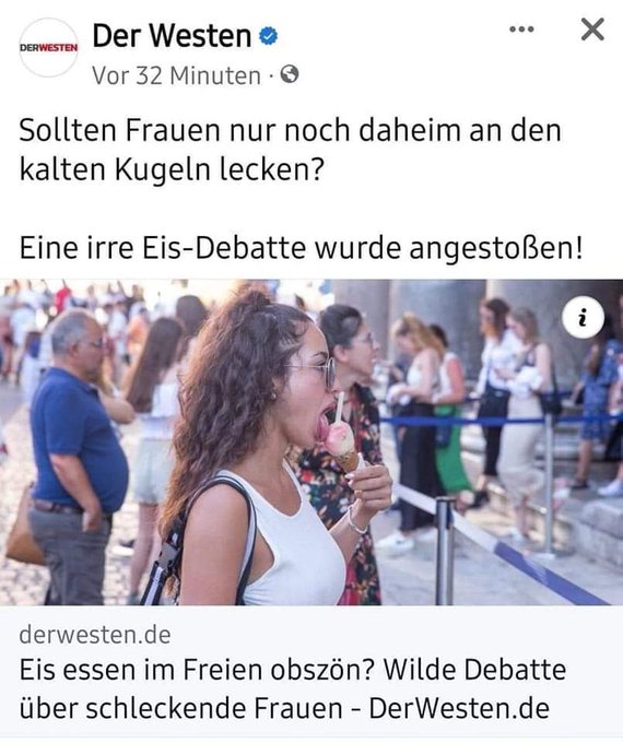 Daß man das Eisschlecken in der Öffentlichkeit in Deutschland überhaupt ernsthaft diskutiert, zeigt schon, wie verrückt die Meinungslage geworden ist.
Was kommt als nächstes?