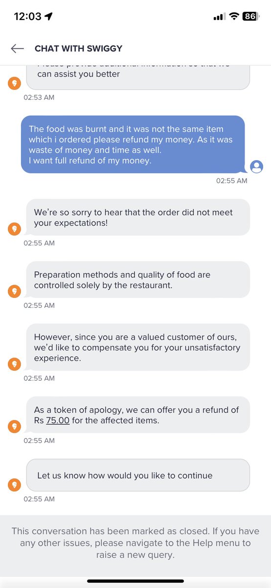 virain_8's tweet photo. This is how you treat you valuable @Swiggy customers @SwiggyCares @swiggyindia … refunding Rs. 75 for fully burnt burgers. https://t.co/dHKEPLqIcA