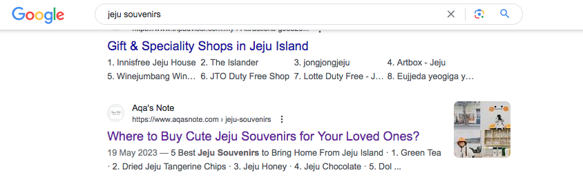 aqaliliazizan's tweet photo. Finally! My Jeju souvenirs blogpost is on the 1st page of Google.
It's been a dream of mind to at least rank for a travel post and I did it!
#LiliBlogTips https://t.co/m28j4e2GWH