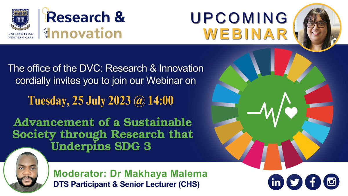 [WEINAR] Advancement of a Sustainable society through research that underpins SDG 3.

Register now:
uwc.zoom.us/webinar/regist…

#MakingResearchCount
#ConnectingPossibilities
#IamUWC