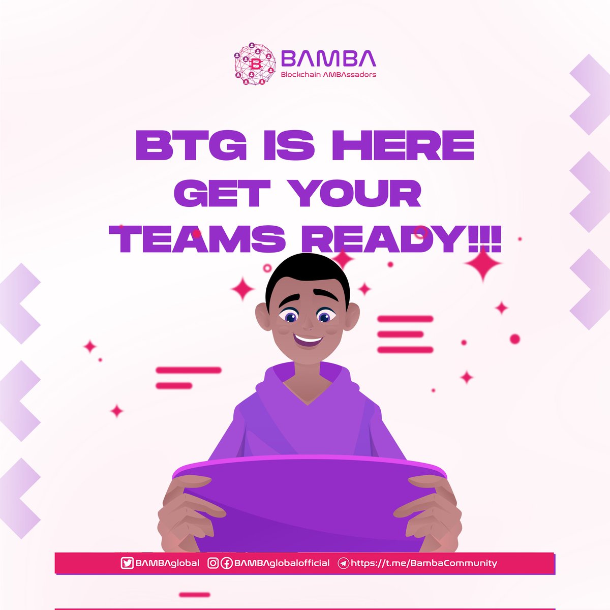 BambaGlobal's tweet photo. BAMBA TEAM GAMING (BTG) is Here already and we're kicking with a TWEET challenge 🐦

To participate;
Follow @BambaGlobal 
Like and retweet this tweet
Make a tweet about BTG and tag us @BambaGlobal
Use the hashtags #BTG #BAMBAGLOBAL #BAMBATEAMGAMING 

The First 3 most engaged tweets get 2000 $BAMBA Each
And 5 most creative tweets get 1000 $BAMBA each

To know more about BTG and the community, join here; https://t.co/DJaTOkW5cj

For more details, check fliers below 👇

Registrations are up again; https://t.co/370fZ2GPJU