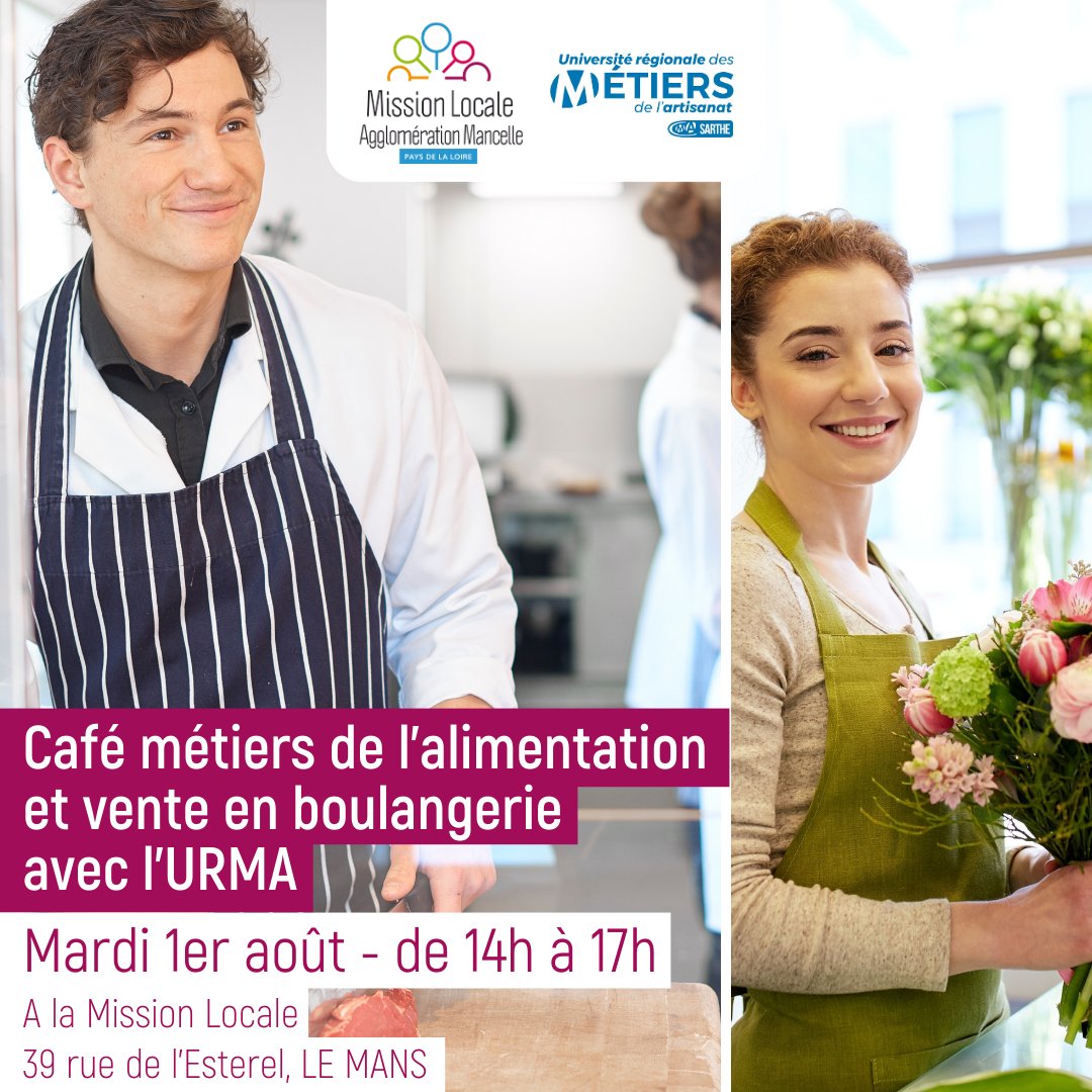 👥 CAFÉ MÉTIERS ALIMENTATION ET VENTE EN BOULANGERIE

🤔 Vous avez envie de découvrir les métiers de l'alimentation et de la vente en boulangerie ? Venez découvrir les formations proposées par l'URMA.

📲 Inscription ici : linscription.com/pro/activite.p…

#MissionLocale #mlmans #emploi