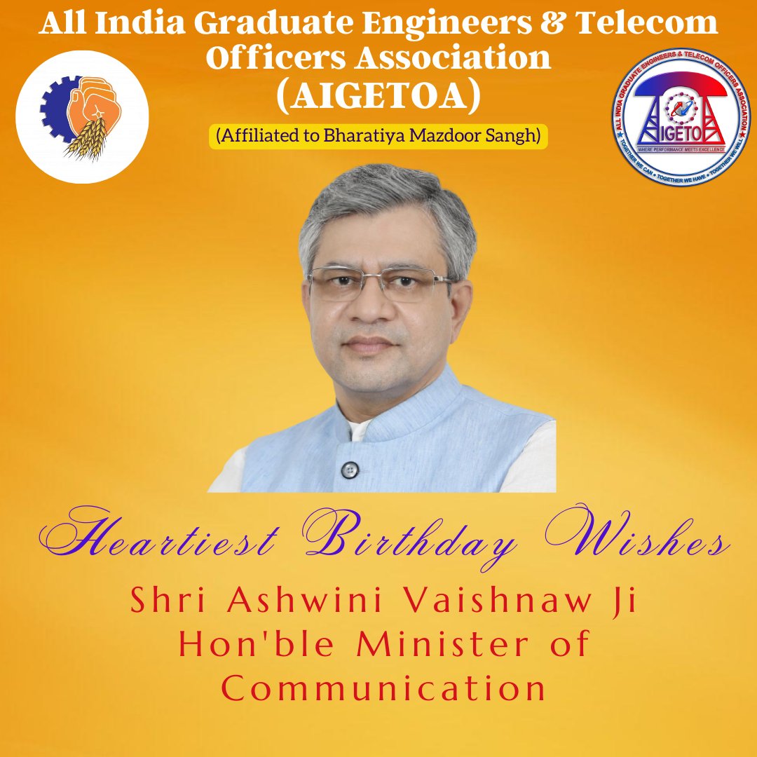 AIGETOA , Recognised Association of BSNL (@aigetoachq) on Twitter photo <a href="/AshwiniVaishnaw/">Ashwini Vaishnaw</a>
Respected Sir
Heartiest Birthday Wishes from the employees of BSNL. Your kind blessings has taken BSNL outside from the ventilator position. BSNL employees shall remain eternally grateful for the efforts taken by GoI. Once again Happy Birthday Wishes Sir. <a href="/AshwiniVaishnaw/">Ashwini Vaishnaw</a>
Respected Sir
Heartiest Birthday Wishes from the employees of BSNL. Your kind blessings has taken BSNL outside from the ventilator position. BSNL employees shall remain eternally grateful for the efforts taken by GoI. Once again Happy Birthday Wishes Sir.