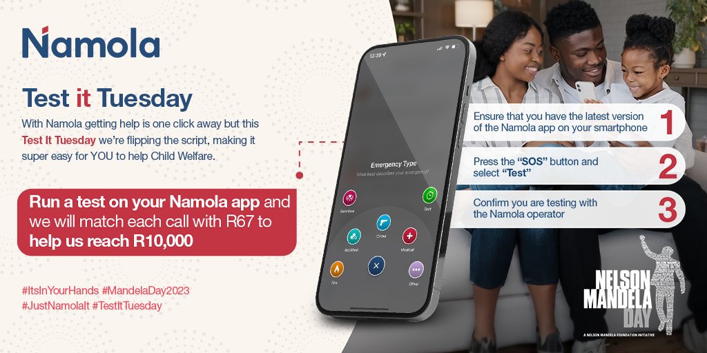 NamolaApp's tweet image. Unsure about how to make a meaningful contribution this #MandelaDay2023?

Namola will contribute R67 towards @JHBChildWelfare every time someone tests our @NamolaApp this #TestItTuesday, until we reach our goal of R10,000!

👉🏽 namola.co/getappTW