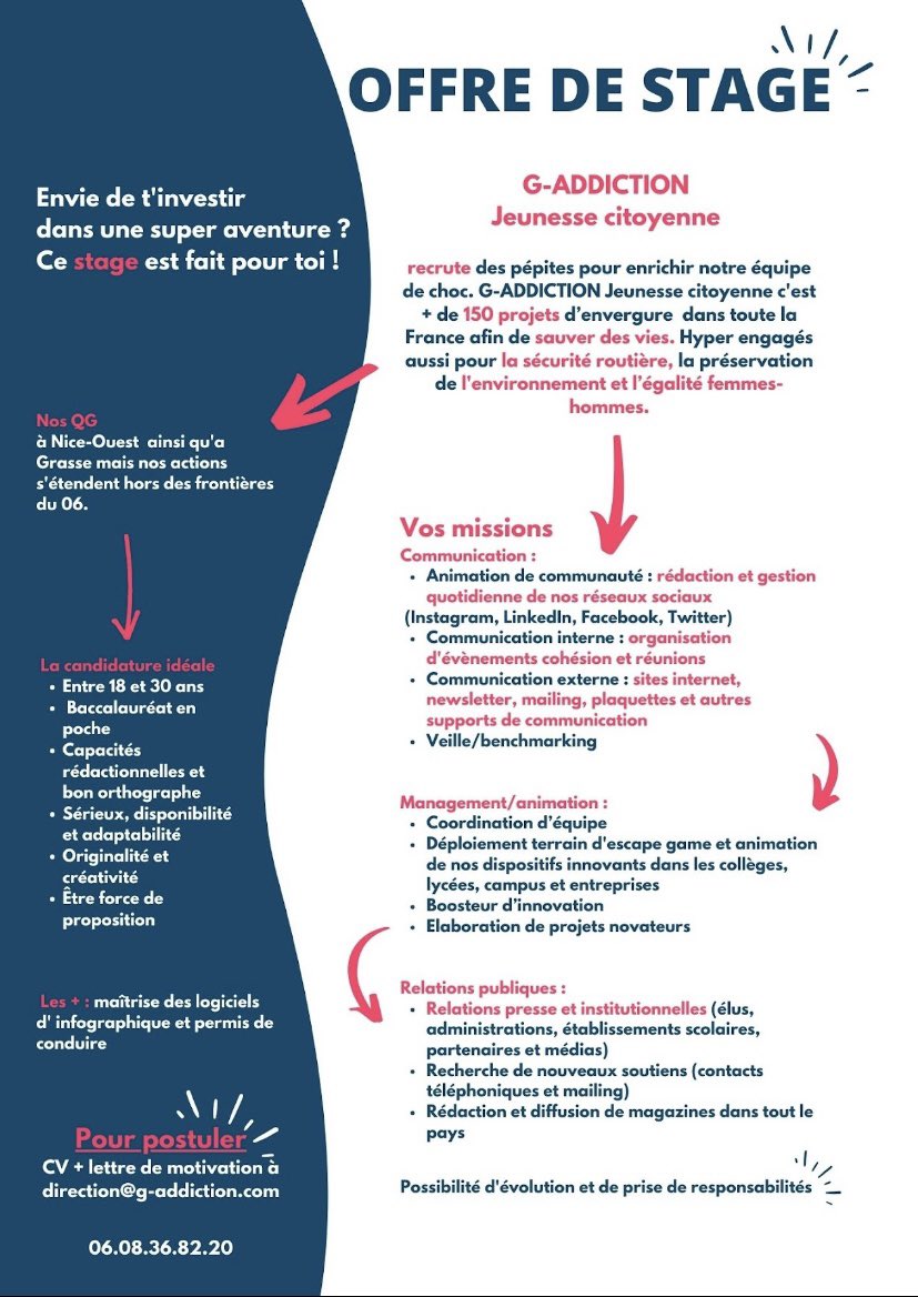 OFFRE DE #STAGE à #Nice06 : @GAddiction06 recrute des talents ! 
Etre en stage au sein de G-ADDICTION c'est : 
+ d'expérience pro'
+ de contacts et un réseau
+ de facilité à entrer ensuite sur le marché de l'emploi !
Cv et lettre de motivation à president@g-addiction.com :)