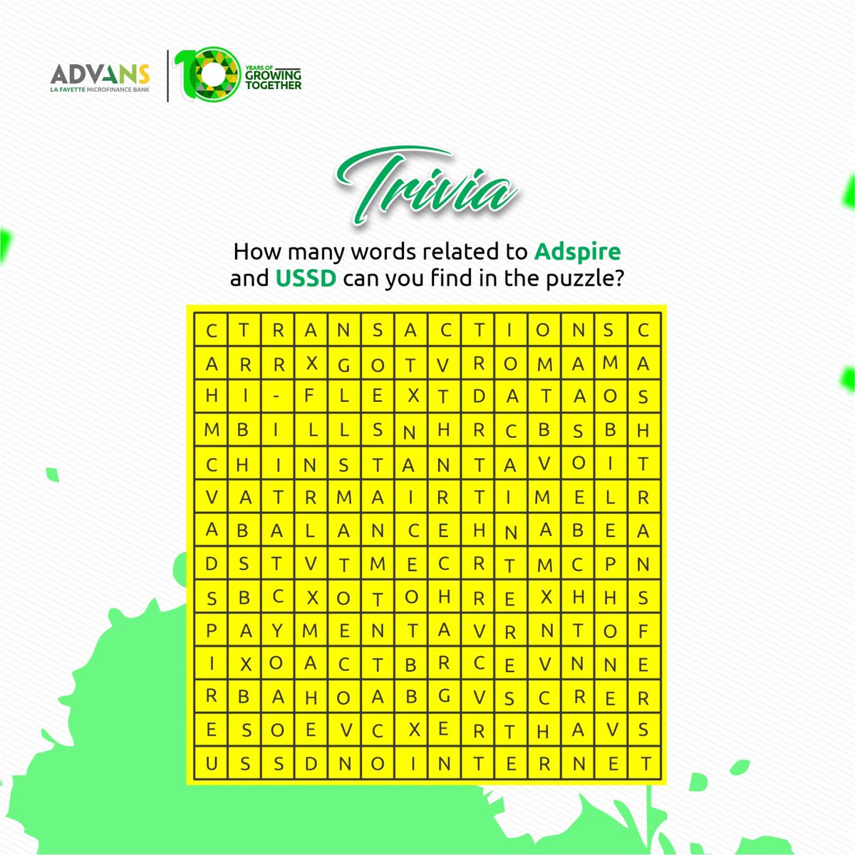 AdvansNigeria's tweet image. How many words can you find? Drop it in the comment section!🤓🏆

✅Use hashtag #USSDcode 
✅Tag a friend
✅Win a 🎁gift from us.

 #TriviaChallenge #BrainTeasers