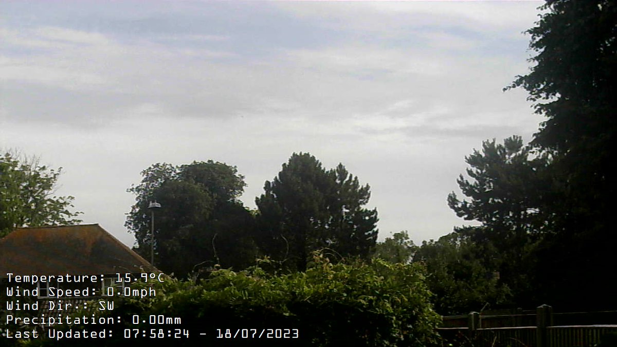Report at 08:00 Wind:S at av. 0mph, max gust today 0.0mph at 15:34Temp:15.9CMax today:15.9C at 07:57 Min today: 11.2C at 05:16 Baro:1020.5mb SteadyRain Today:  0.0mm Fcst: increasing clouds with little temp change, precipitation possible within 24 to 48 hrs.