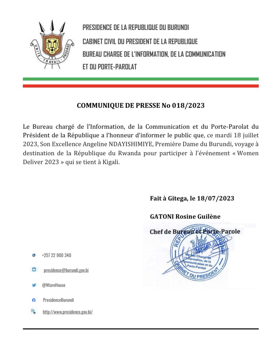 Communiqué de presse 
#Burundi #WomenDeliver2023