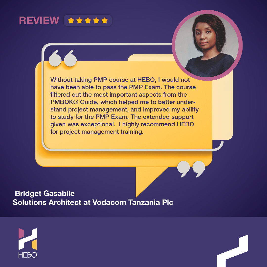 It is Testimonial Tuesday and we are happy to share reviews from our successful PMPs ✨✨ #BridgetGasabile who is a #SolutionsArchitect working on numerous projects under @vodacomtanzania has this to share. #ProjectManagementProfessional #PMP #PlanYourNext