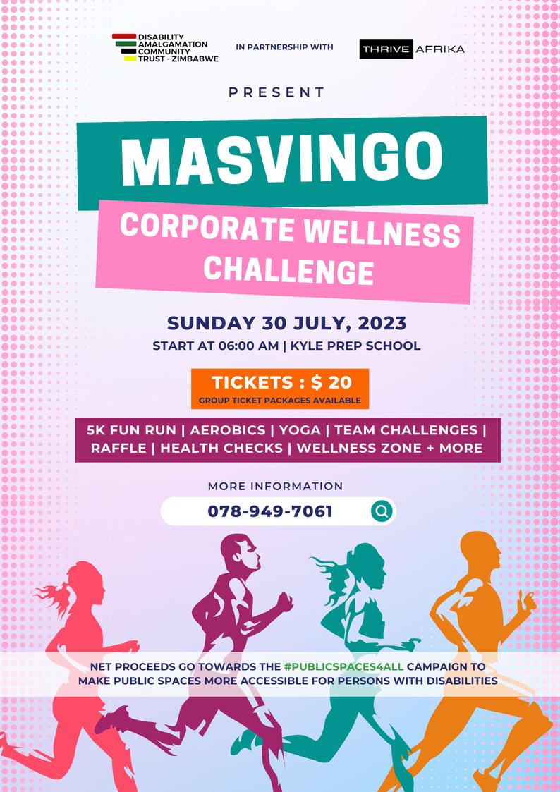 📢 #Masvingo 
We are hosting the Masvingo Corporate Wellness to raise
funds for our #PublicSpaces4All Campaign. Join us for a fun-filled, team building, fitness &amp; wellness day - all for a great cause

📅 30 July 2023
🕝 6am onwards
📍Kyle Prep
🎟 $20
Corporate packages from $100