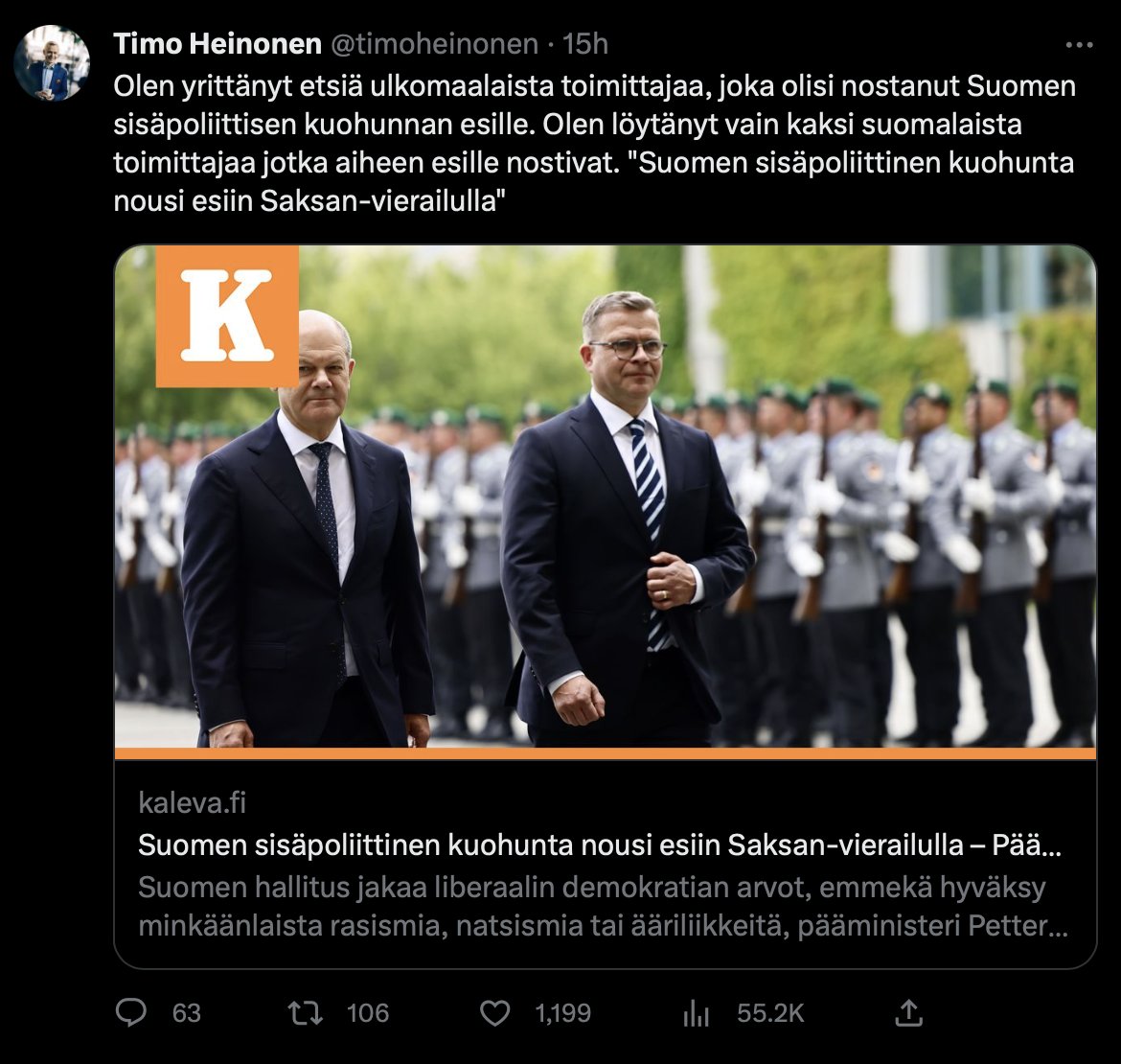Finnish MP <a href="/timoheinonen/">Timo Heinonen</a>, of the governing <a href="/kokoomus/">Kokoomus</a>, recently stated that foreign media has little interest in Finland's domestic political unrest. In this 🧵, we aim to assist him in finding more coverage regarding the government's crisis. Let's start with most recent instances