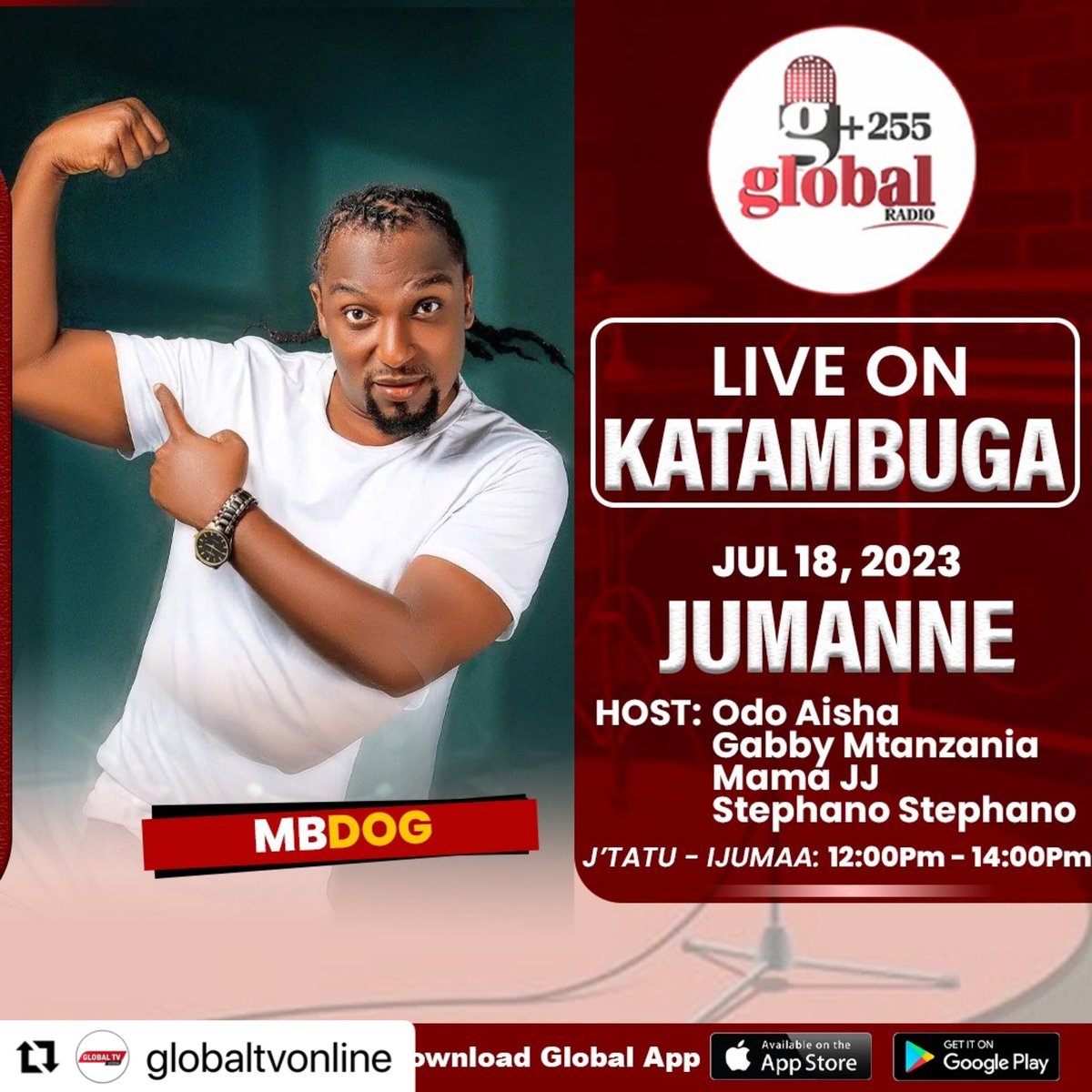 Mbdoggmaster's tweet photo. My new song #Sawasawa x hamisamobetto OUT NOW on major digital platforms
#Repost @globaltvonline
γ»γ»γ»
Msanii wa kitambo wa Bongo Fleva, Mbwana Mohammed Ali (MB DOGG) @mbdogg_master Jumanne hii atakuwa LIVE ndani ya kipindi cha KATAMBUGA!
#RETURNOFTHEMASTER https://t.co/BbE01C28eq