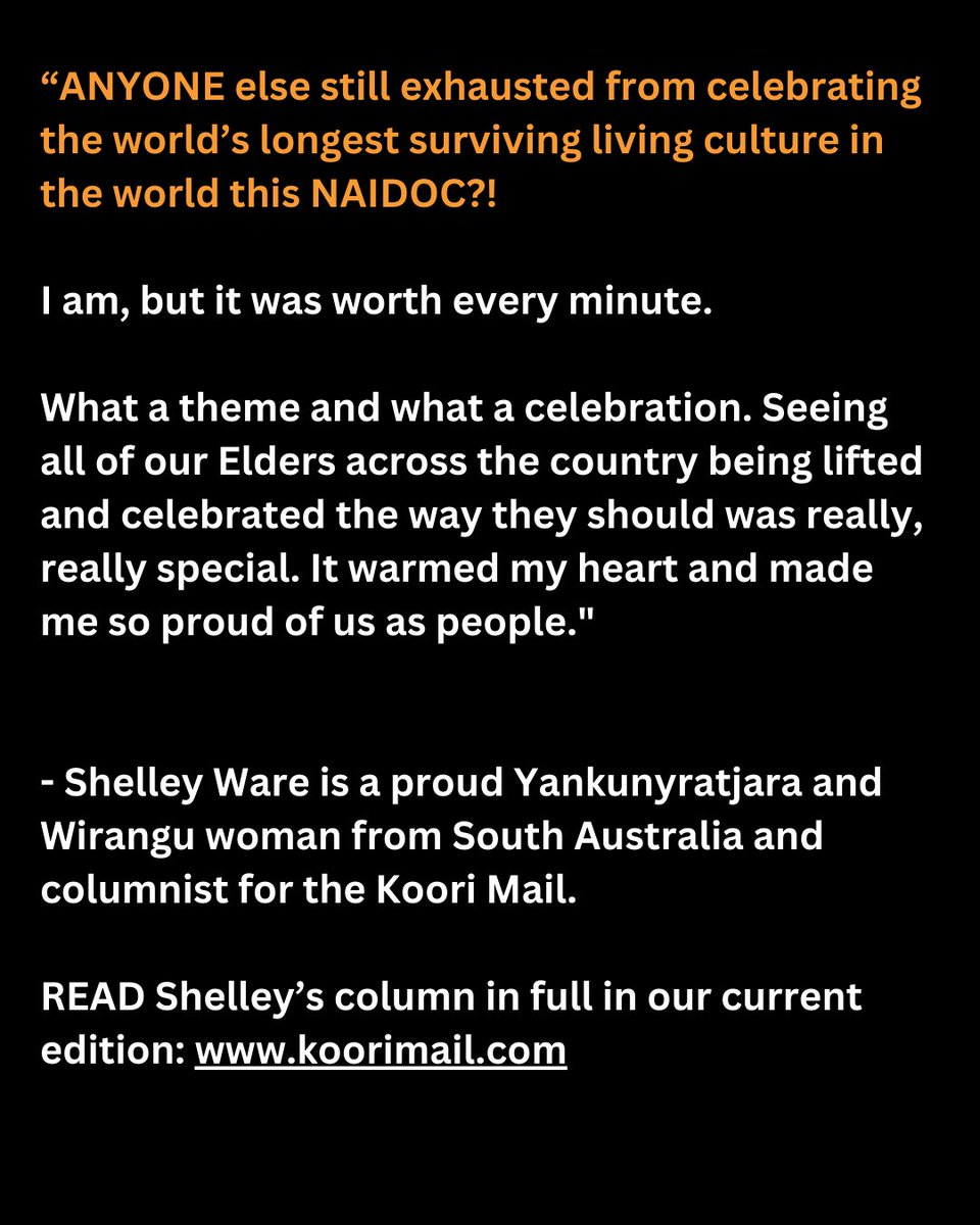 ANYONE else still exhausted from celebrating the world’s longest surviving living culture in the world this NAIDOC?!

READ Shelley’s column in full in our current edition: koorimail.com

#KooriMail #Opinion #NAIDOCWeek #NAIDOC2023 #ForOurElders