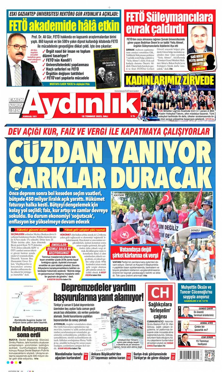 ogdenizli's tweet photo. 📌 Dev açığı kur, faiz ve vergi ile kapatmaya çalışıyorlar: CÜZDAN YANİMIYOR ÇARKLAR DURACAK

➡️ FETÖ Süleymancılara evrak çaldırdı

➡️ Eski Gaziantep Üniversitesi Rektörü Gür Aydınlık'a açıkladı: FETÖ akademide hâlâ etkin

Aydınlık gazetesi | 18 Temmuz 2023 | #Salı https://t.co/xwo2uG14Nd