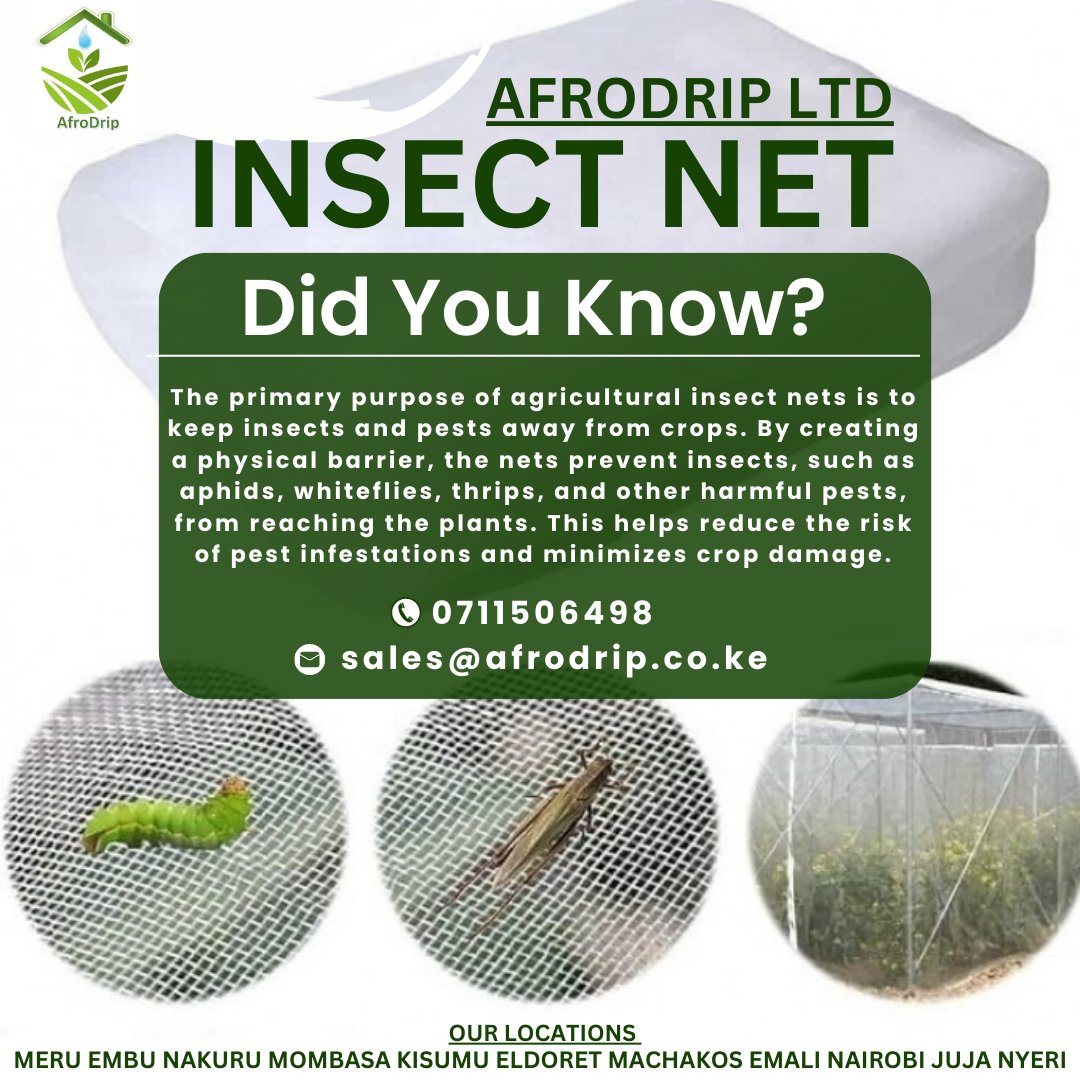 Afrodrip_ltd's tweet image. Agricultural insect nets offer numerous benefits, their successful implementation requires careful planning and consideration of factors such as the type of crop, local climate, and specific pest challenges.
#insectnet #afrodrip  #agricultural #irrigation #smartfarming