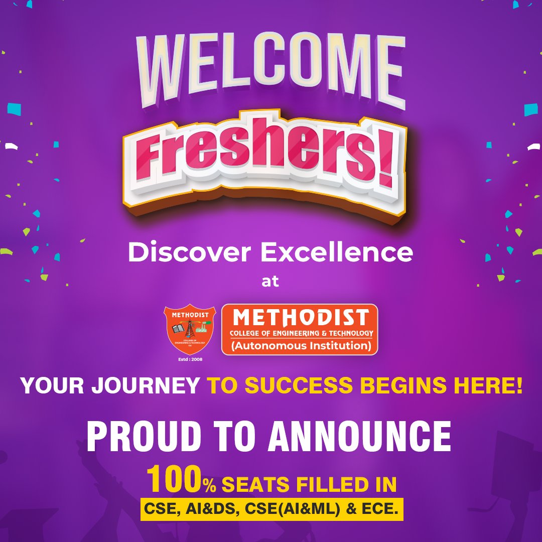 MCETHyderabad's tweet photo. #WelcomeFreshers to #MethodistCollegeOfEngineering! Your journey to success begins here as you step into a world of academic excellence and boundless opportunities.
#MCET #FreshersDay #CSE #AI #ECE #FreshersDay2023 #CSEDepartment #College #Freshers #CampusVibes #CollegeLife https://t.co/88E52NZgQR