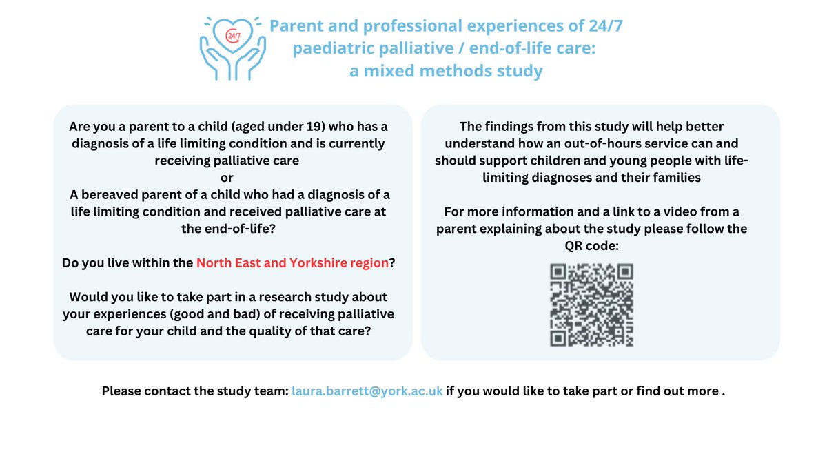 Is you child receiving #PalliativeCare in the North East/Yorkshire? Do you know what to do if something goes wrong #OutofHours? <a href="/UoYppcrg/">UoYppcrg</a>  would like to hear your experiences to better understand round-the-clock care.  Contact details below 👇