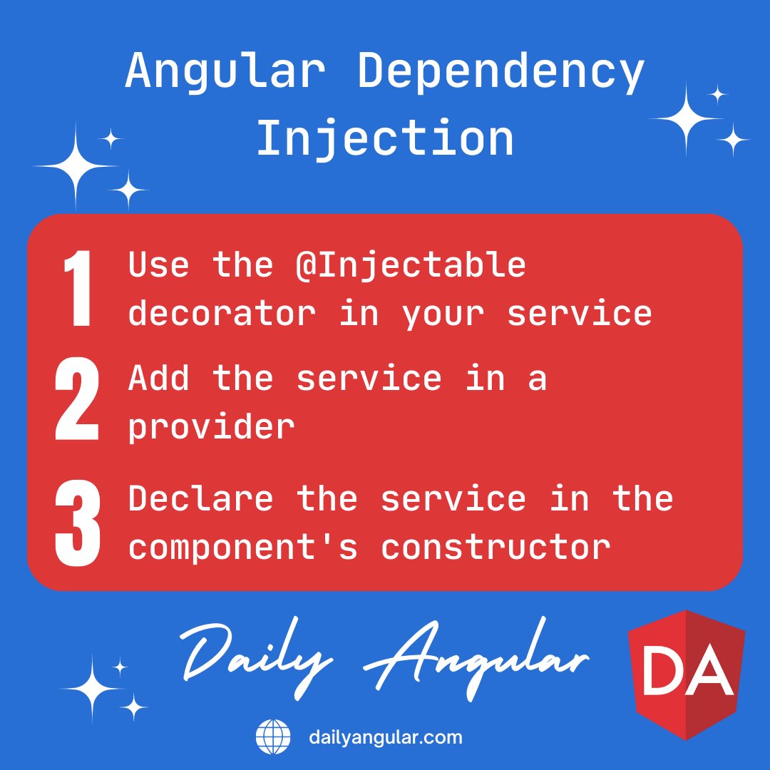 Steps to provide and inject a dependency. (Note step 2 can be skipped if you provide in the Injectable decorator)
#provideService #InjectDependency