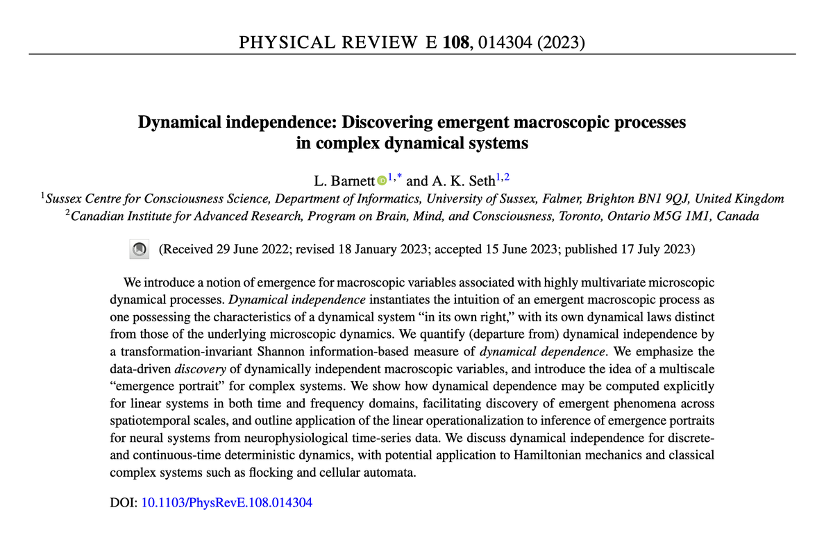 anilkseth's tweet photo. 1/2 New! Dynamical Independence: Discovering emergence macroscopic processes in complex dynamical systems. Out today in @PhysRevE, led by @LionelBarnett2 #emergence #informationtheory  https://t.co/I3oxxSVPv0 .@erikphoel .@_fernando_rosas .@C4COMPUTATION .@stevenstrogatz https://t.co/oCjZ9cxQMp