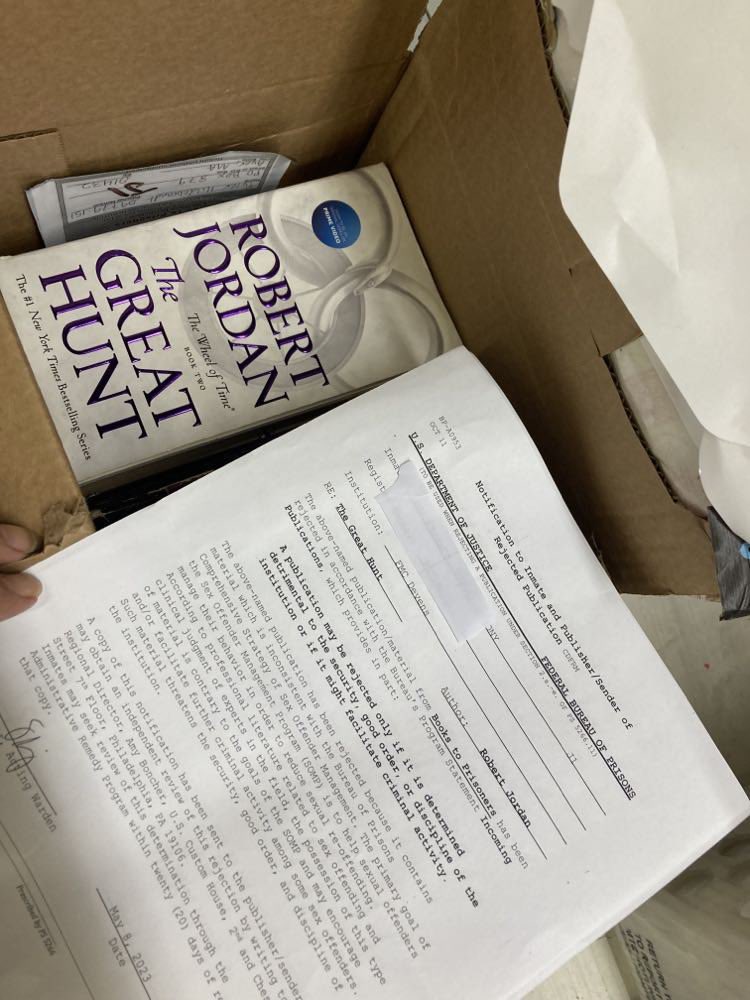 Kramer_Reading's tweet photo. @MacmillanAudio @MacmillanUSA @B2PSeattle @CivilRights @WheelOfTimes @WotTVSeries @rafejudkins 
In shock. The Great Hunt has been rejected as a prison book donation by the DOJ Prison Bureau. Please help reinstate this book. @MacmillanUSA needs to dispute. https://t.co/nkDRhYAirg