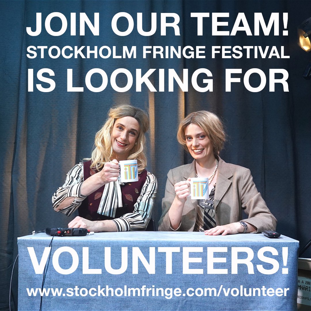 We’re looking for VOLUNTEERS! The festival's real heroes are the volunteers - this talented group is the first face all visitors see and an indispensable part of our crew. What would you like to do? Register via <a href="/volontarbyran/">Volontärbyrån</a> OR stockholmfringe.com/volunteer #STOFF2023: 29/8-2/9/23