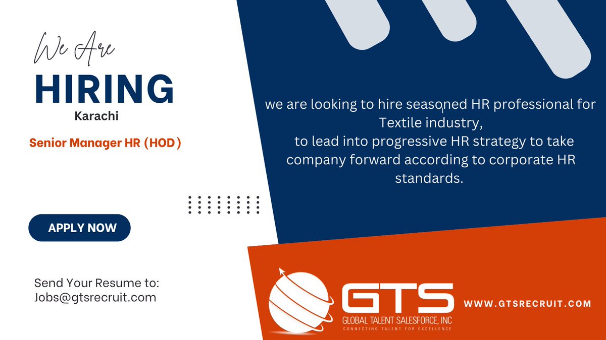 GTSRecruit's tweet photo. #HR #HIRINGNOW #textile #industry #hrhead

#karachi #Pakistan #LinkedIn #executivesearch

#PAKvsSL #FCEPL #حق_کا_علمدار_عمران_خان #الو_والی_بریانی #tuesdayvibe https://t.co/DBjC9VCalp