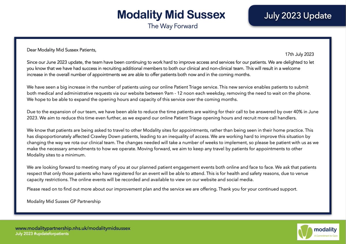 ModalityMidSuss's tweet image. Today, we publish an update to our improvement plan for patients. To read the July 2023 update, please visit modalitypartnership.nhs.uk/midsussex/thew… or collect a paper copy from your practice.
#planforpatients #modalitymidsussex