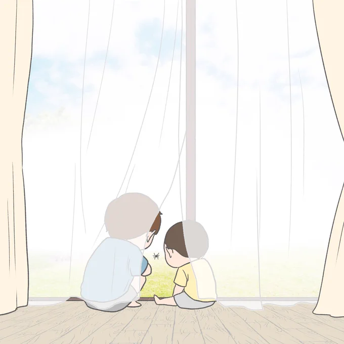 窓の向こうの虫を観察する兄弟 