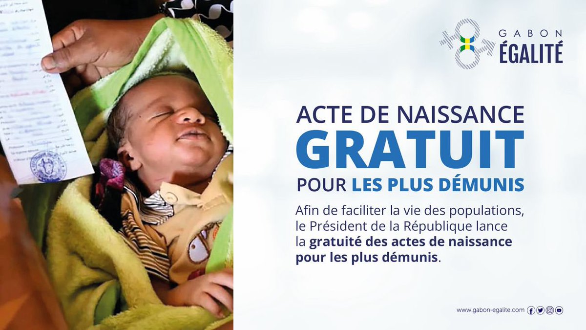Engagé envers l’égalité des droits et l'accès aux services publics pour tous les citoyens, le Président de la République <a href="/PresidentABO/">Ali Bongo Ondimba</a> lance la gratuité des formalités administratives relatives aux actes de naissances pour les plus démunis. 

#GabonEgalite #PourTous