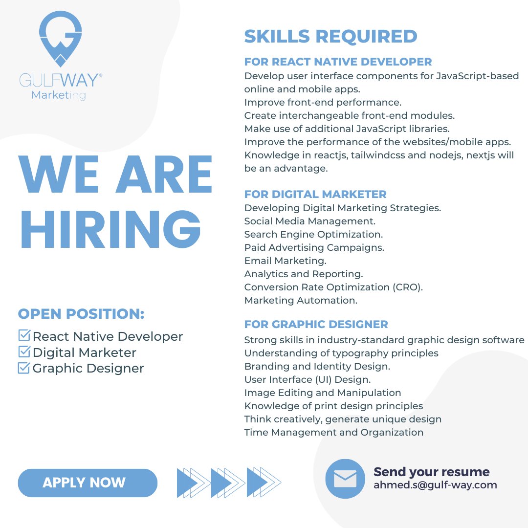 gwm_gulfway's tweet image. We are looking to hire talented professionals for three positions:
📷 React Native Developer
📷 Digital Marketer
📷 Graphic Designer
#Hiring #JobOpportunity #ReactNativeDeveloper #DigitalMarketer #GraphicDesigner #JoinOurTeam