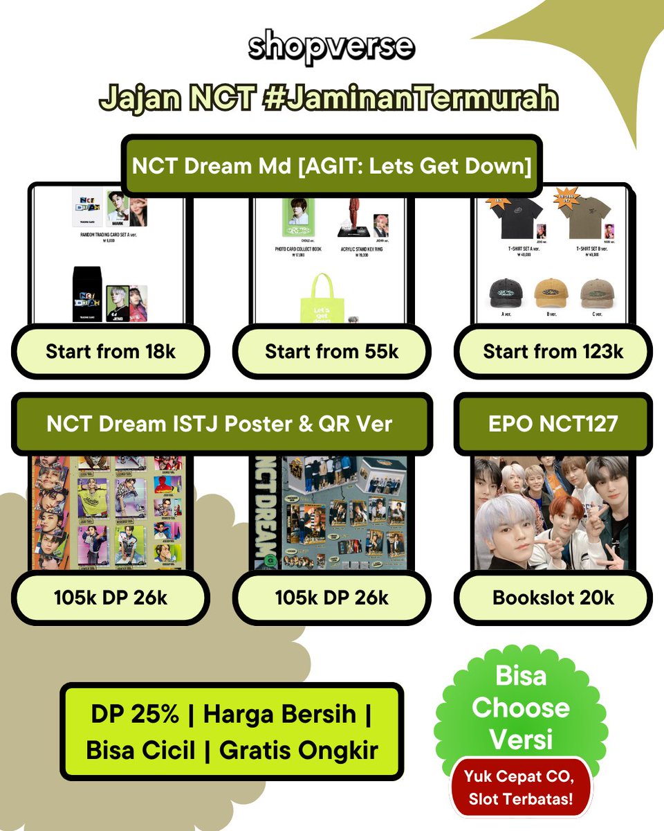 [Open PO / WTS INA🇲🇨] All Items NCT 

🤑 Harga termurah / DP rendah 25%
✅ EMS/tax/packing + free ongkir
🤩 Bisa pilih versi

ISTJ Album
✨ Poster 105k DP 26,25k
✨ 7Dream QR 105k DP 26,25k

AGIT Merchandise
✨Random Trading Card 75k DP 18k
✨4cut + Photo Set 86k DP 21k