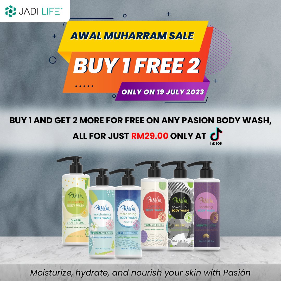 jadilife's tweet photo. Selamat menyambut Awal Muharram kepada semua umat Islam! 🌙 
Dengan ini, Jadi Life berbesar hati untuk berkongsi dgn anda;  

❗ BUY 1 FREE 2 (1 hari sahaja!)❗
Tiktok Shop: https://t.co/wgA7jVa83s
Tarikh: 19 July 2023 (12AM-11:59PM)  #pasion #bodywash #tiktokshop #jadilife https://t.co/aXspV6DyGM