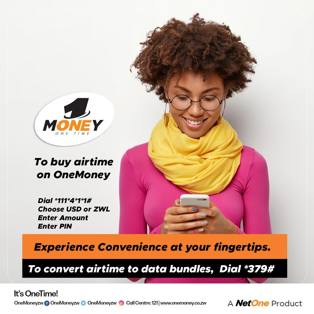 NetOneCellular's tweet photo. To buy your @NetOneCellular airtime using @OneMoneyZw  simply dial *111*4*1*1# and follow instructions. #ItsOneTime https://t.co/PVDtVMR2d9