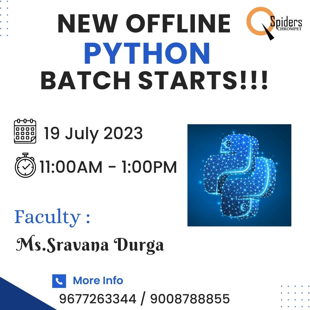 New Offline Python Batch For Software Development Students🔥💥🔹

Date : 19-07-2023
Time 11:00AM - 1:00PM

For Further Details
Contact Us : 9003136699 / 6364884448
,
#qspiderschrompet #jspiderschrompet #java #sql #manualtesting #itjobsearch #engineering #placement #itfield