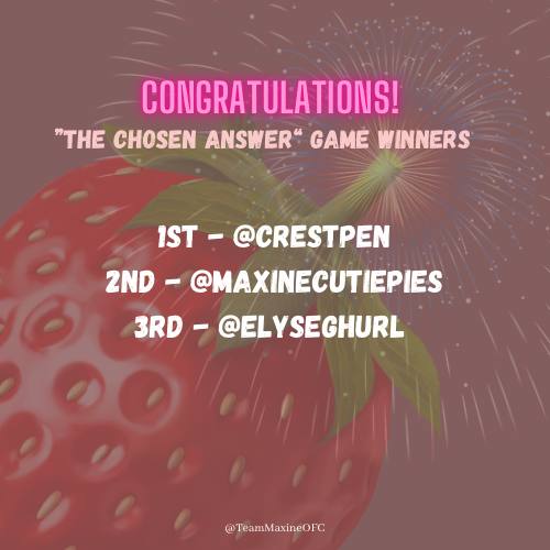 CONGRATULATIONS! 🥳

We are happy to announce our Top 3 “The Chosen Answer” Game Winners! 

To everyone who joined with us, thank you so much. Don’t worry, we still have our PART II. But this time, it’s for EVERYONE! 🤍

Stay tuned.

#MaxineTrinidad | @maxinetrinidad_