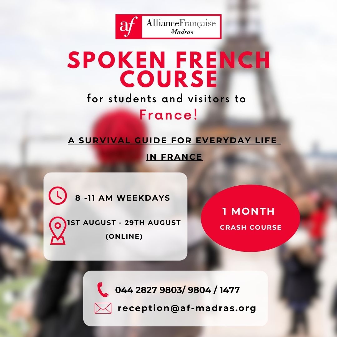 Enroll in our #SpokenFrench course at #alliancefrançaisemadras and learn how to survive in France in just 1-month! 
👉Applications open: madras.afindia.org/spoken-french-…
#learnfrench #frenchinstitute #frenchonline #Onlineclasses #afm #studyinfrance